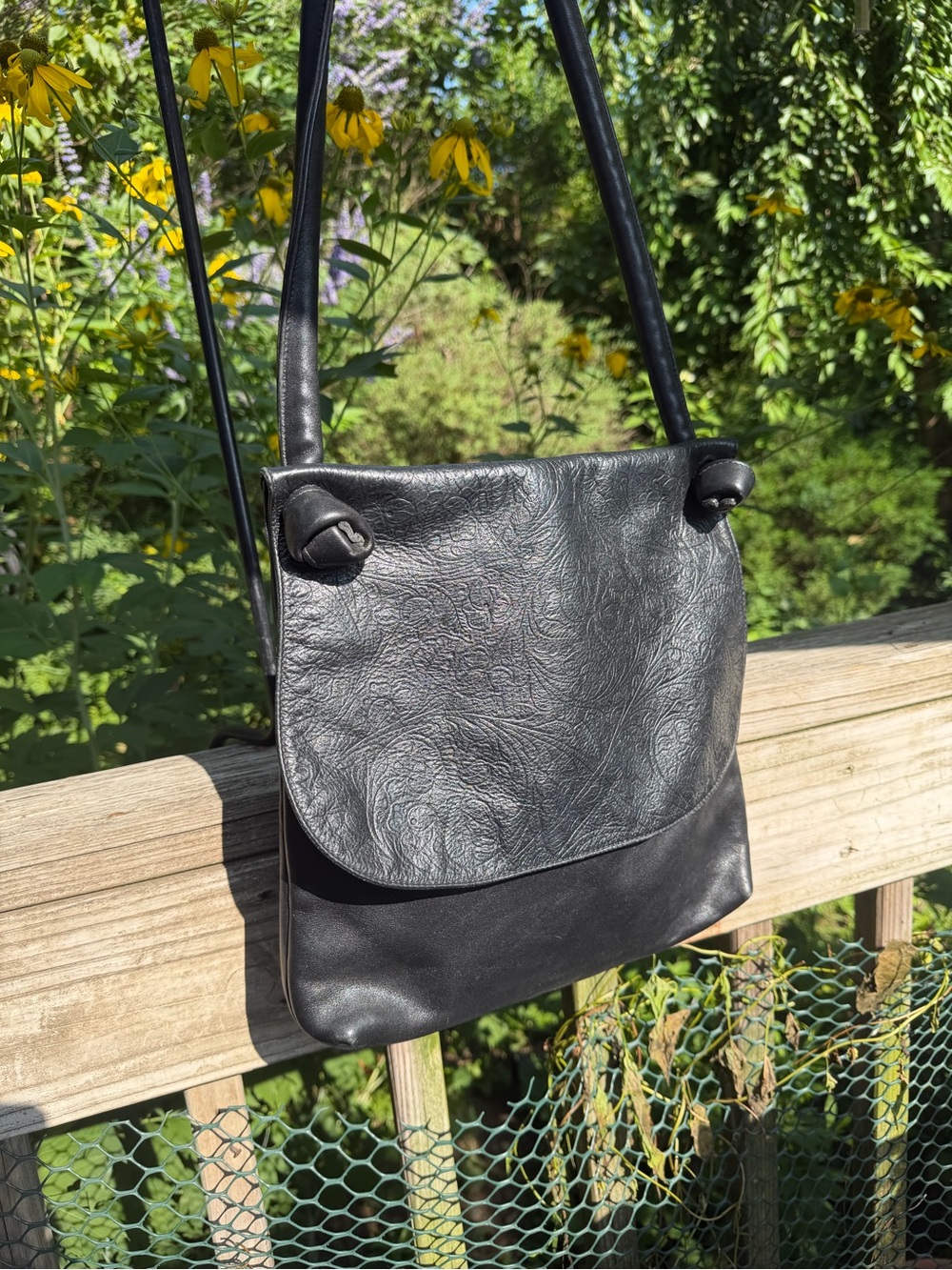 Liza Ganz NY Embossed Flap over Leather Bag 3 Zippers Single Strap 36” Preowned